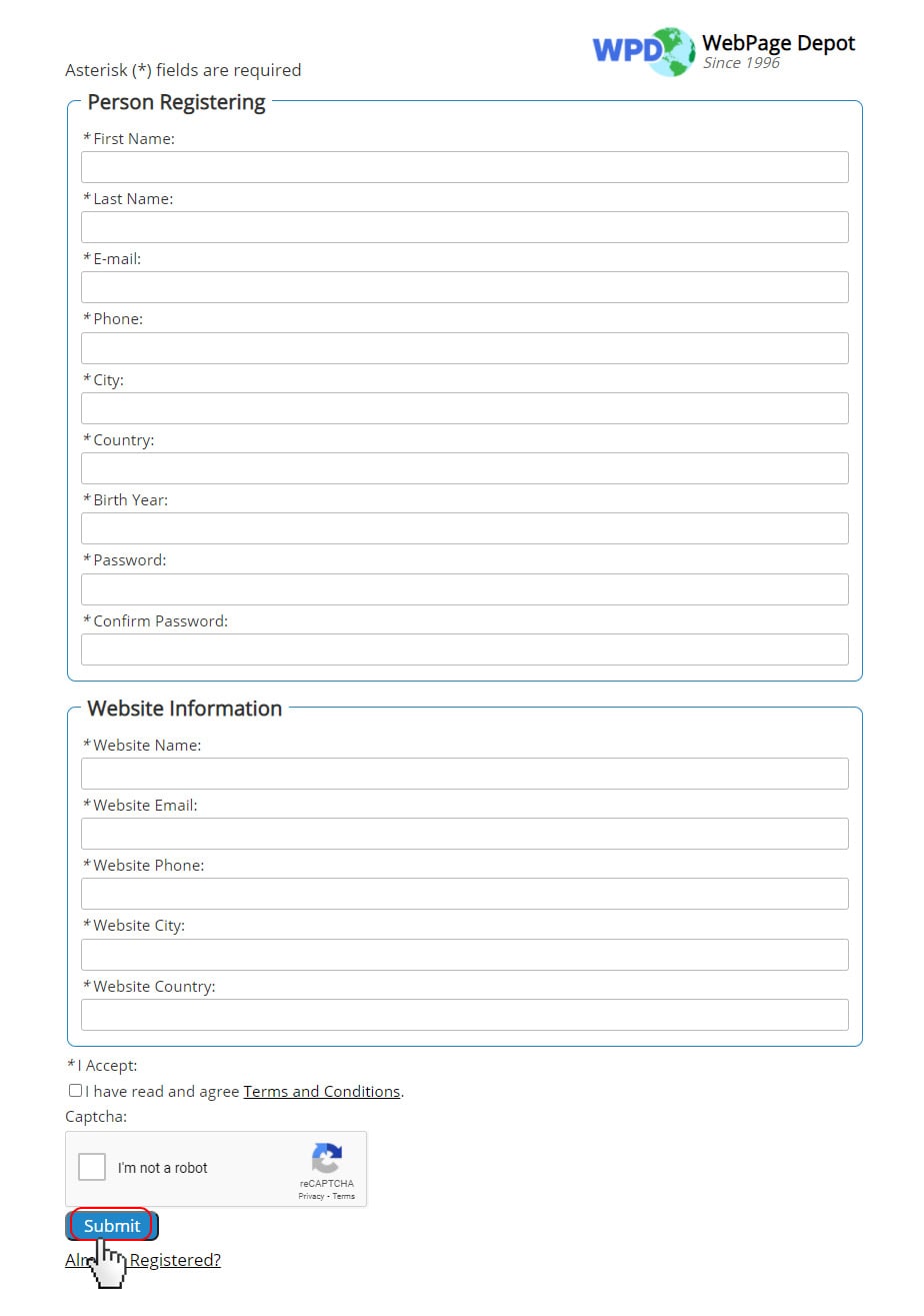 Step 3: complete the form fields and click the submit button.