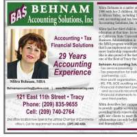Behnam Accounting Solutions Inc - Tracy Behnam Accounting Solutions Inc - Tracy, Behnam Accounting Solutions Inc - Tracy, 121 E 11th St, Tracy, CA, , accounting service, Service - Bookkeeping Accounting, bookkeeping, audit, receivable, accountant, tax, , finance, books, receivables, liable, Services, grooming, stylist, plumb, electric, clean, groom, bath, sew, decorate, driver, uber