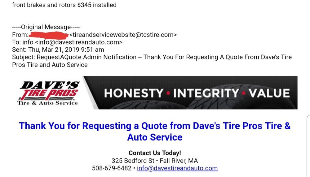 Dave's Tire Pros Tire & Auto Service - Fall River Timeliness